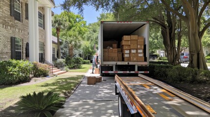 Unloading Boxes from Moving Truck in Driveway on Moving Day