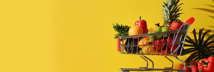 Shiny shopping cart full of food and drinks on yellow background with copy space,