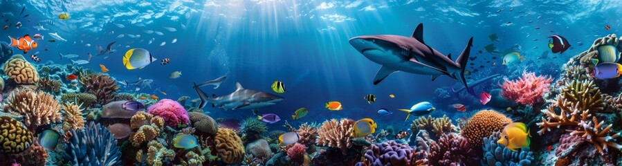 Vibrant coral reef teeming with colorful fish and large sea creatures. Underwater biodiversity concept