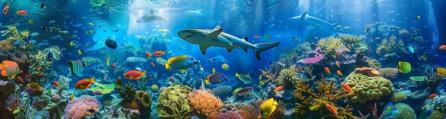 Fototapeta premium Vibrant coral reef teeming with colorful fish and large sea creatures. Underwater biodiversity concept