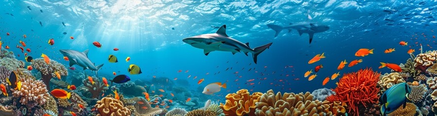 Obraz premium Vibrant coral reef teeming with colorful fish and large sea creatures. Underwater biodiversity concept