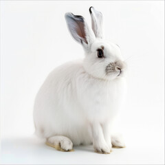 Charming portrait of a white rabbit on a matching white background, emphasizing purity and simplicity.