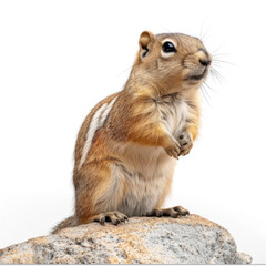 Obraz premium Cute chipmunk perched on a rock, captured in full detail against a plain background, exemplifying wildlife curiosity.
