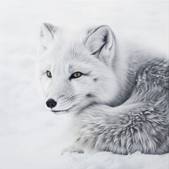Naklejka premium Delicate and detailed pencil drawing of an arctic fox nestled in snow, showcasing exquisite attention to texture and form.