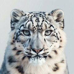 Obraz premium Intense close-up portrait of a snow leopard with a piercing gaze, capturing the majestic beauty of this elusive big cat.