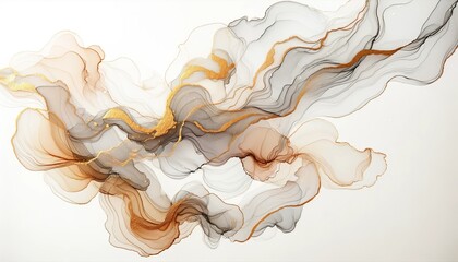 Abstract fluid art painting in the alcohol ink technique, featuring transparent waves and golden swirls. The design is elegant and luxurious.