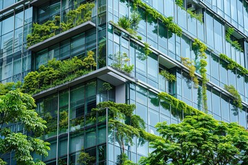 A contemporary glass building in the architecture image with green plants tree. Generative Ai