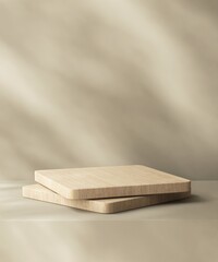 Brown wood plank podium on counter, soft beautiful dappled sunlight, leaf shadow on beige wall for luxury organic cosmetic, skincare, beauty treatment product background 3D