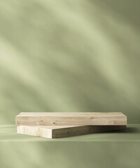 Brown wood plank podium on counter, soft beautiful dappled sunlight, leaf shadow on green wall for luxury organic cosmetic, skincare, beauty treatment product background 3D