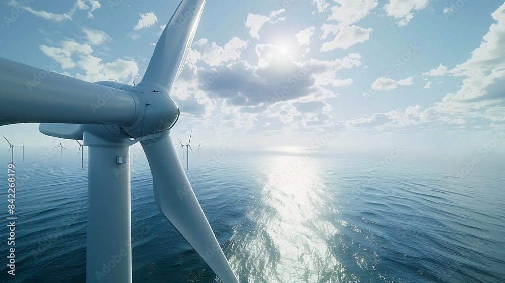 Poster windmill park with clouds and a blue sky wind mill turbines in the ocean aerial view of a wind farm 