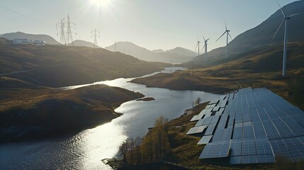 Electricity from solar panels dams and wind turbines Environmentallyfriendly renewable energy concept : Generative AI