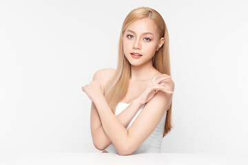 Beautiful young asian woman with clean fresh skin on white background, Face care, Facial treatment, Cosmetology, beauty and spa, Asian women portrait.