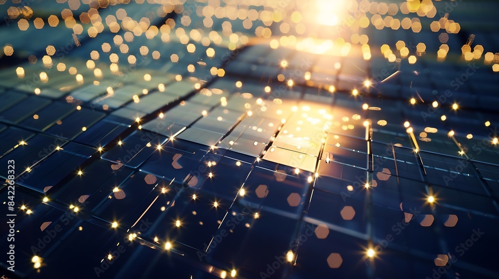 Poster solar panels reflect sparkling light from the sun clean energy and environment 3d rendering : genera