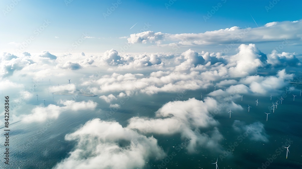 Poster offshore windmill park with clouds and a blue sky windmill park in the ocean aerial view with wind t
