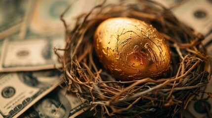 Nest Egg: Golden Financial Security Symbol in Dollar Bill Nest for Retirement Planning