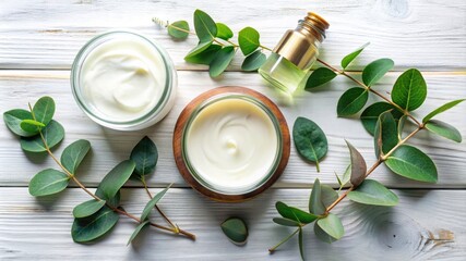 Top view hand cream in jar, essential oil, skin lotion and eucalyptus leaves. Natural organic beauty product concept