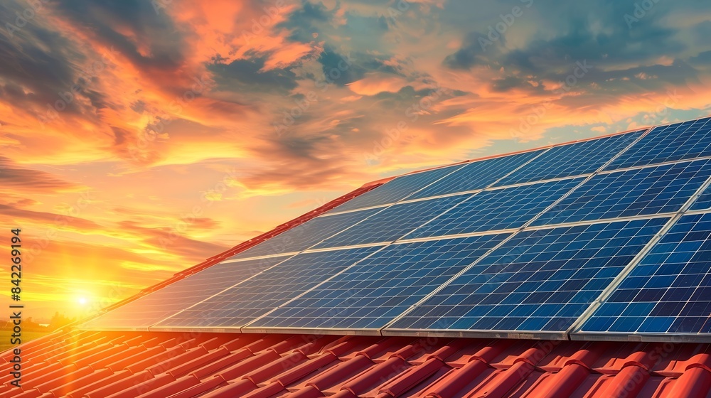 Aufkleber photo collage of solar panels photovoltaics on the red roof of a house and a beautiful sky with the 