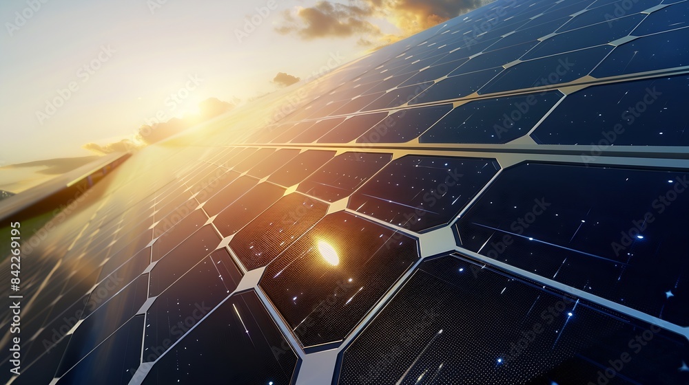 Poster Solar panels reflect sparkling light From the sun Clean energy and environment 3D rendering : Generative AI
