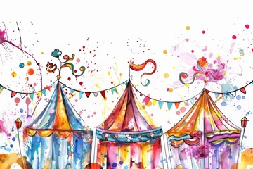 Fototapeta premium Cartoon cute doodles of a whimsical circus with watercolor tents and scribbled clowns, Generative AI