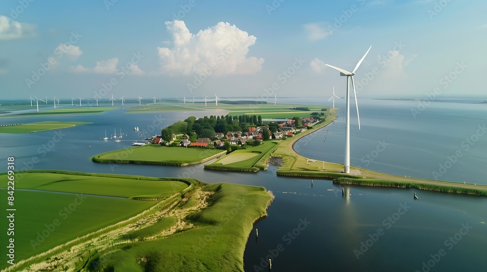 Poster windmill turbines at sea generate green energy in the netherlands drone view at windmill park : gene