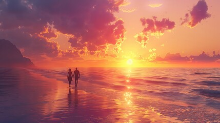 Fototapeta premium A couple relaxing on a beach with a beautiful sunset, under a soft pastel orange and purple backdrop