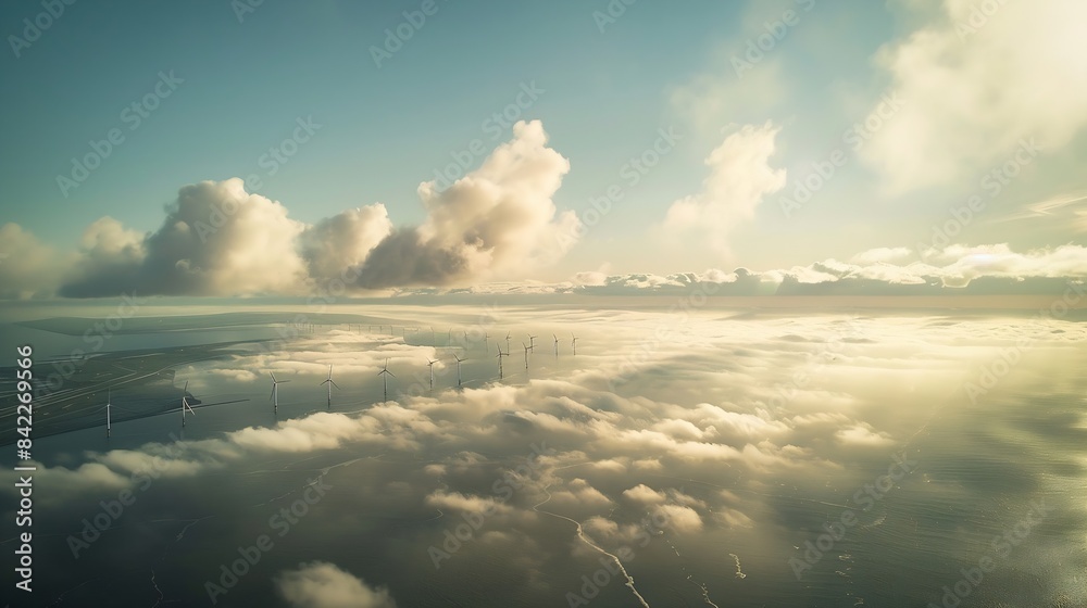 Poster offshore windmill park with clouds and a blue sky windmill park in the ocean aerial view with wind t