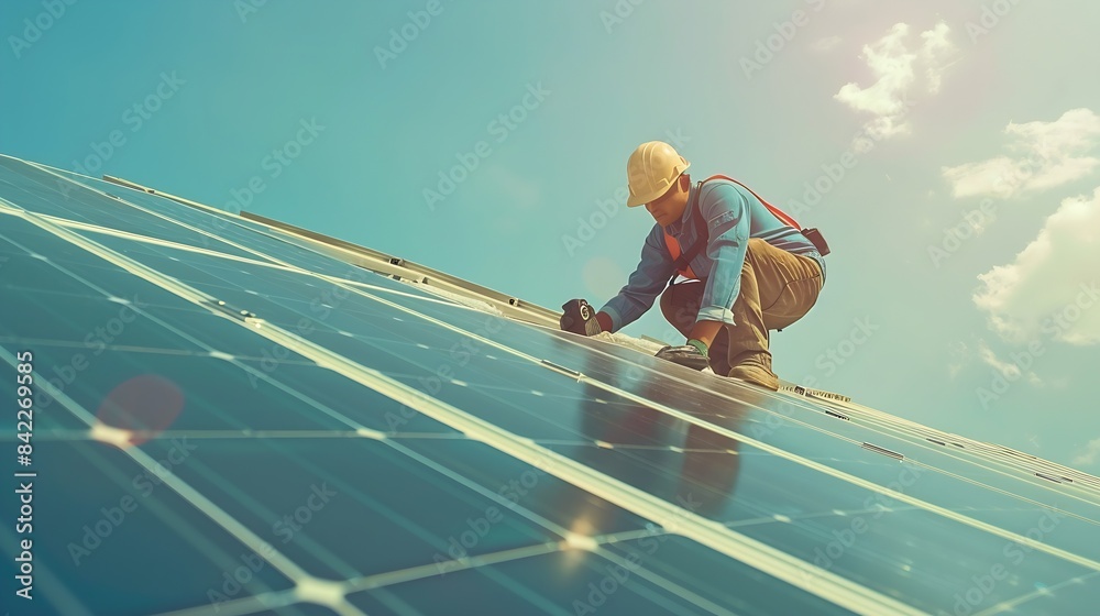Poster Side view of male worker installing solar modules and support structures of photovoltaic solar array Electrician wearing safety helmet while working with solar panel Concept of sun ene : Generative AI