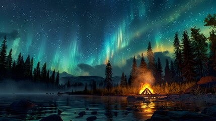 Fototapeta premium Camp fire in wilderness forest night on Aurora borealis, northern lights over bonfire in winter forest background.