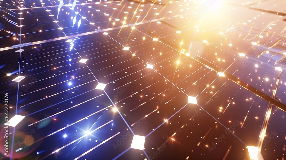 Poster Solar panels reflect sparkling light From the sun Clean energy and environment 3D rendering : Generative AI