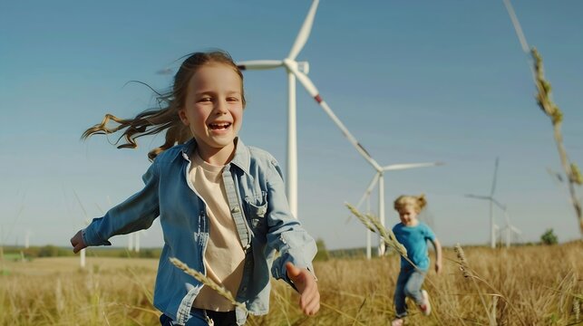 Little girl and boy are running in front of windmills Renewable energies and sustainable resources  wind mills children playing with the wind near a wind turbine Sustainable climate vi : Generative AI