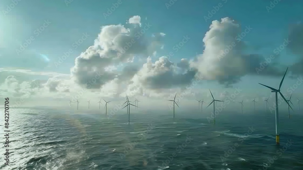 Poster windmill park with clouds and a blue sky wind mill turbines in the ocean aerial view of a wind farm 