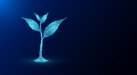 Seedling growing form polygon fertile ground on electronic circuit board. Agriculture environment concept. Use ad the agricultural industry. Banner with copy space for text. Vector EPS10.