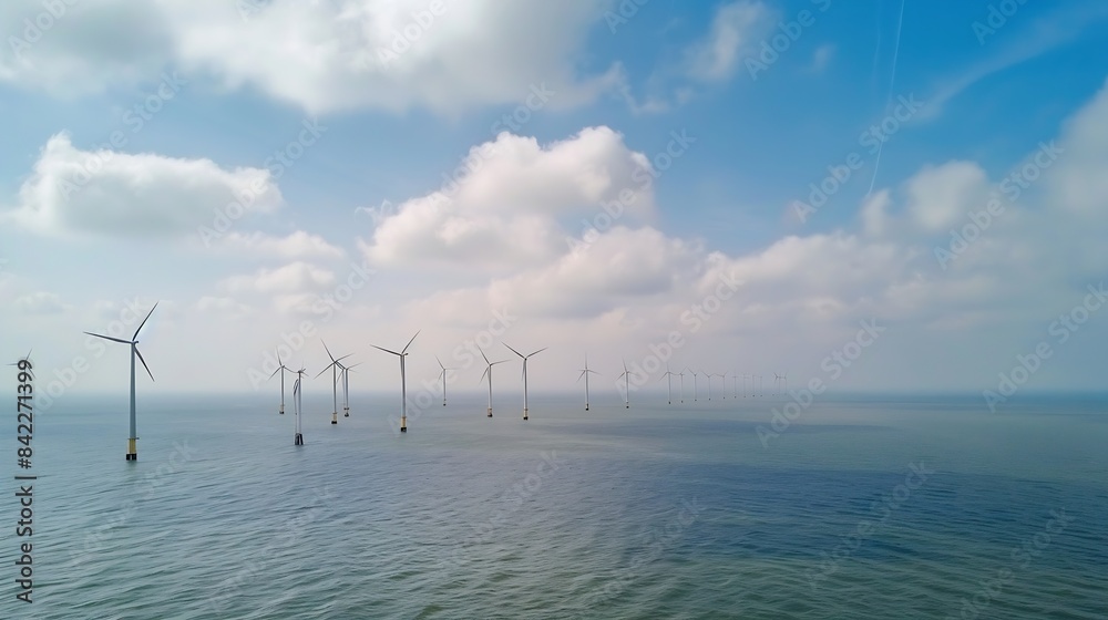 Poster offshore windmill park with clouds and a blue sky windmill park in the ocean aerial view with wind t
