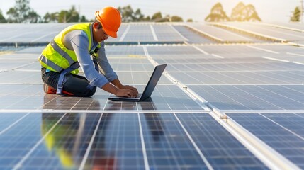 Specialist technician professional engineer with laptop and tablet maintenance checking installing solar roof panel on the factory rooftop under sunlight Engineers team survey check so : Generative AI