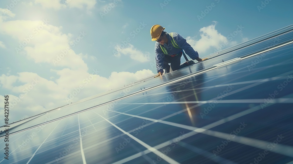 Poster Side view of male worker installing solar modules and support structures of photovoltaic solar array Electrician wearing safety helmet while working with solar panel Concept of sun ene : Generative AI