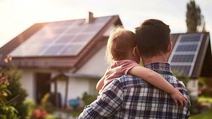 Rear view of dad holding her little girl in arms and showing at their house with installed solar panels Alternative energy saving resources and sustainable lifestyle concept : Generative AI