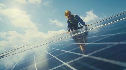 Fototapeta na wymiar Side view of male worker installing solar modules and support structures of photovoltaic solar array Electrician wearing safety helmet while working with solar panel Concept of sun ene : Generative AI
