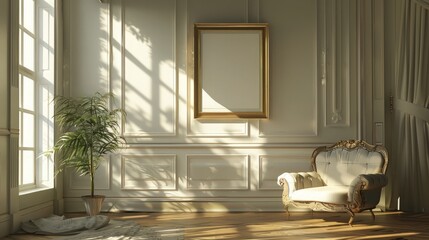 3d rendering of indoor living room with empty frame, sunlight and cloud.