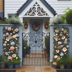 The main entrance of a beautiful house is flanked by beautiful flowers and an iron gate with the words Welcome to My House written on it.