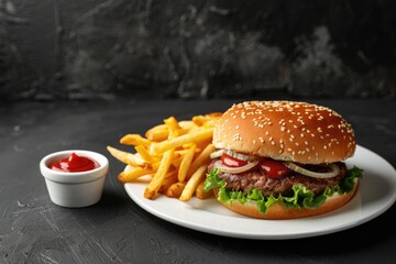 Cheeseburger and French fries on white plate. Hamburger or burger, potato chips and ketchup on black table