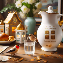 There is a glass of water with a beautiful jug in which a bird is sitting drinking water and a bird is sitting next to it and behind it is a small house.
