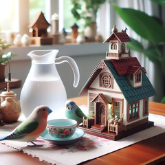 A beautiful painting of a house table with 2 birds sitting next to a bowl and a jug next to it.
