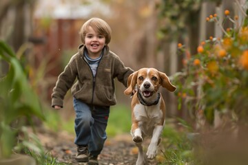 Joyful Moments: Boy and Beagle Running Together in Blooming Garden