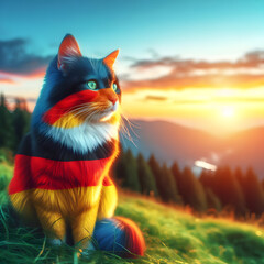 A beautiful multicolored cat sits on a green mountain with both feet forward and a green tree background.
