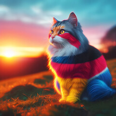 A beautiful cat sits on a green mountain at sunrise,Cat Enjoying Sunrise on Mountain.

