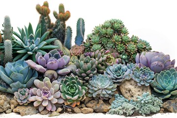 Fototapeta premium Designing a succulent bed for xeriscaping and combining variables isolate on white background. Generative Ai