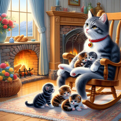 In front of the window of a house, a cat is sitting on a chair for her children and some children are sitting below.