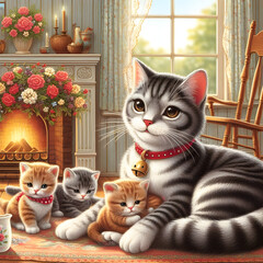 A cat in a beautiful house with a bell around its neck is sitting with its babies on its lap and a heater behind.
