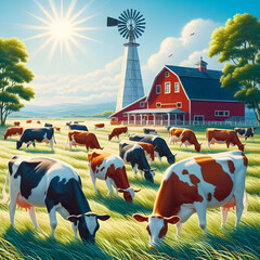 Cows of different colours are grazing in the field and diary farm and view behind.