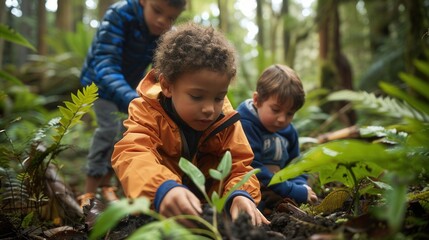 Outdoor education scene with children exploring nature and hands-on learning